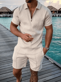 Polo Shirt Sports Short Sleeve Shorts Suit For Men (Option: Apricot-S)
