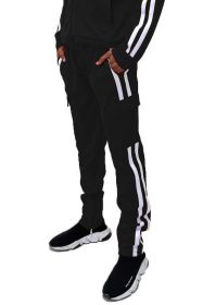 Two Stripe Cargo Pouch Track Pants (Color: BLACK RED, size: 3XL)